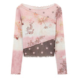 ELFSACK Women's Oriental Asymmetrical T-shirt with Floral Polka Dot Print, Lightweight Long Sleeve Patchwork Tee for Summer