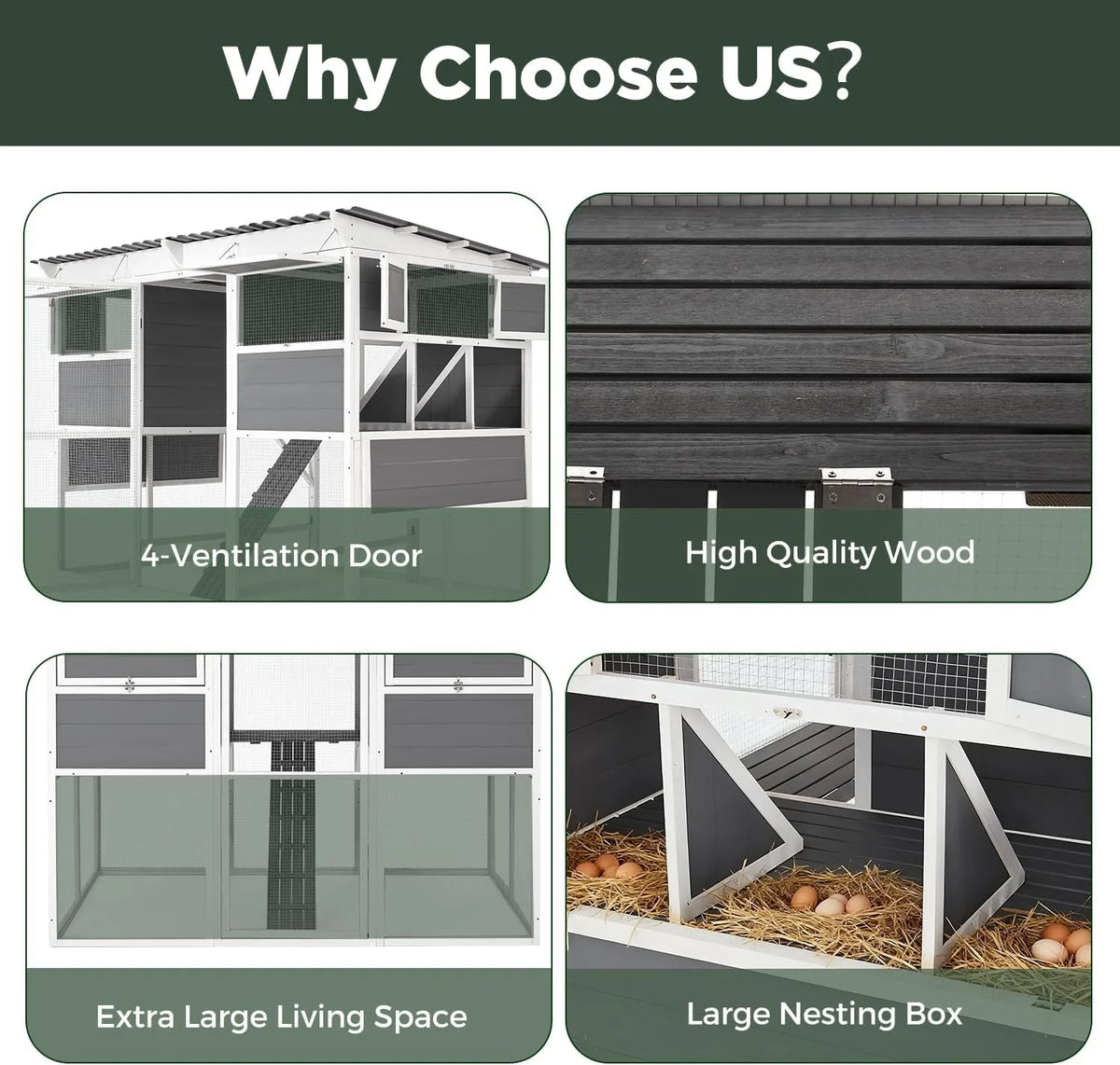 Extra Large Chicken Coop w/ Run, Wood Chicken House w/ Nesting Boxes & Roost Bar
