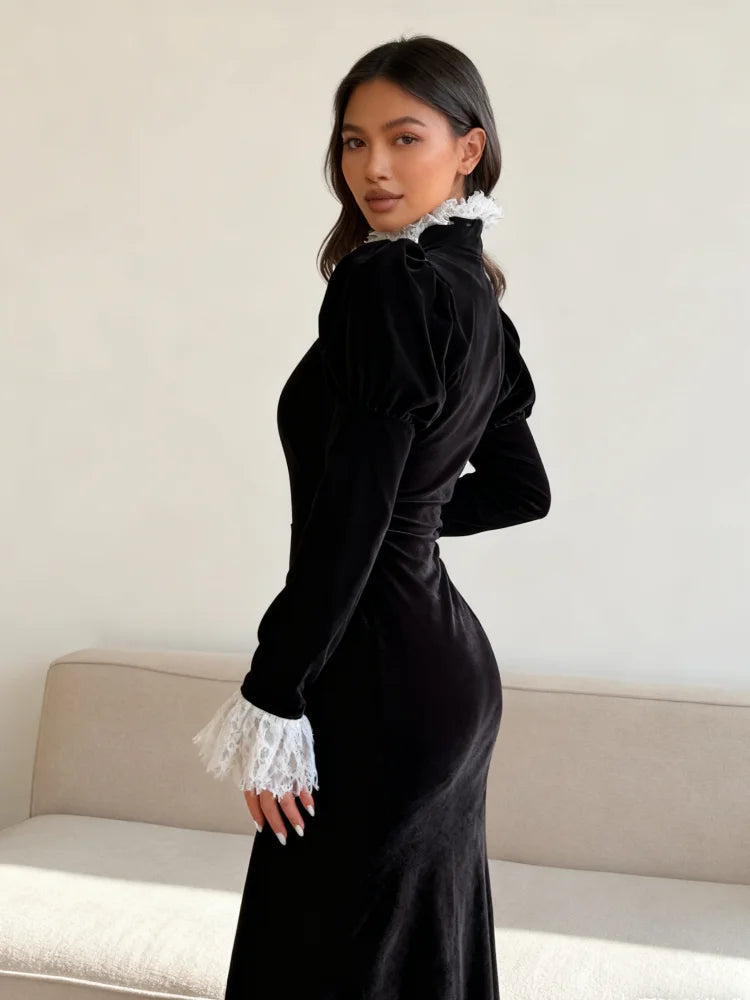 Lace Patchwork Velvet Long Dress Women Black Full Sleeves Waist Cinching Slim Maxi Dresses 2026 Lady Evening Party Vestidos New