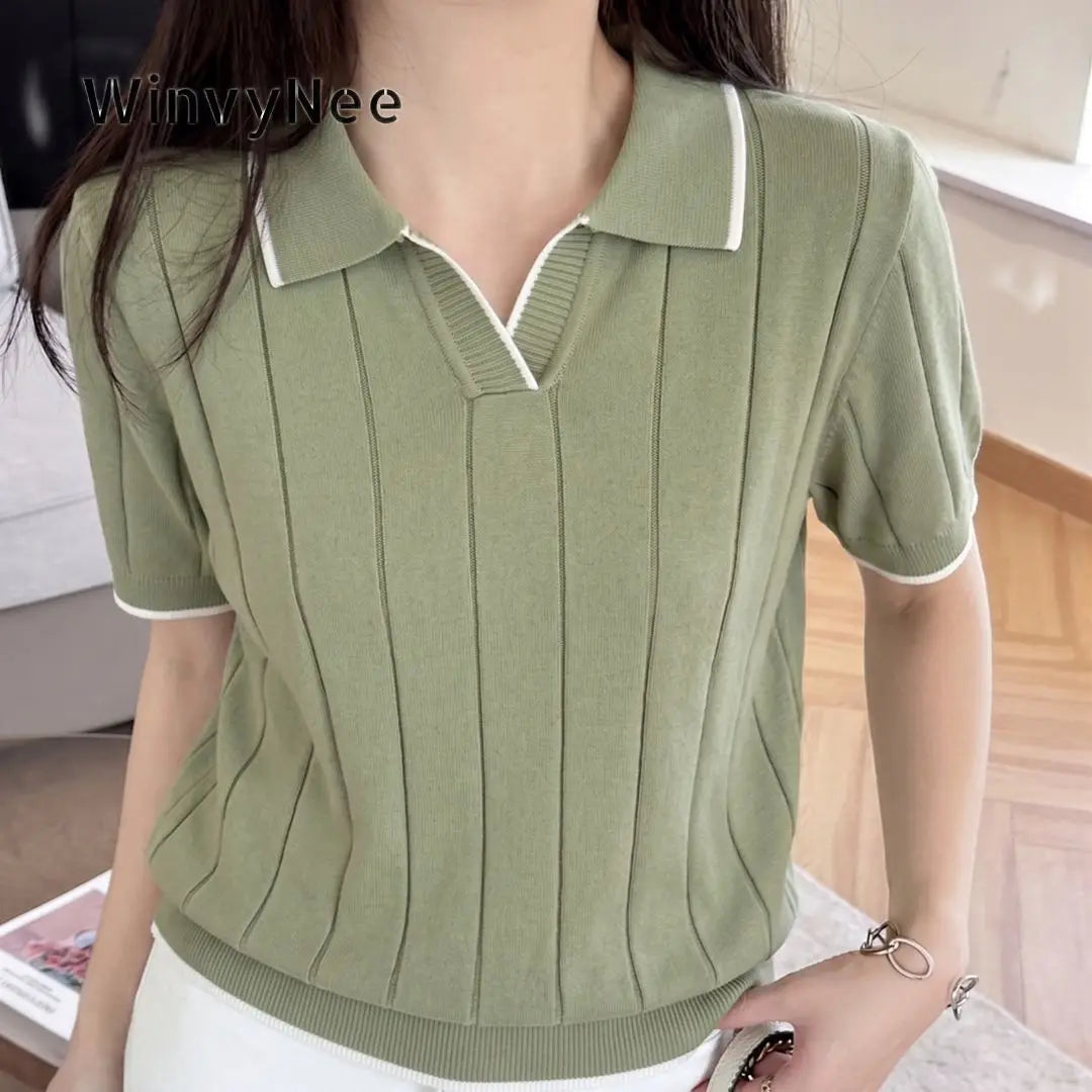 WinvyNee Summer Women's Cotton Polo Collar Short Sleeve T-Shirt Casual Cotton Tops Women Clothing Knitted Pullover A1092079A