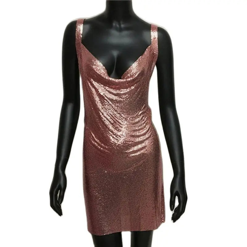 Sexy Metallic Sequin Mini Dress For Women Backless Cocktail Club Glitter Low Cut Halter Dress Rave Party Nightclub Dresses