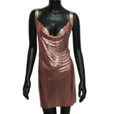 Sexy Metallic Sequin Mini Dress For Women Backless Cocktail Club Glitter Low Cut Halter Dress Rave Party Nightclub Dresses