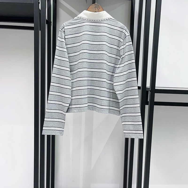 Lace Splice Turn-Down Collar Women's Stripes Long Sleeve T-Shirt Autumn and Winter Female Pullover Tee Top