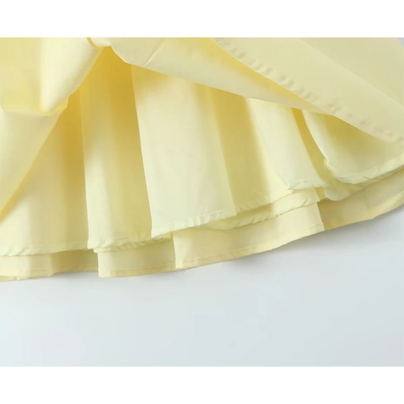YENKYE Sexy Elegant Women Fishbone Waist Shaping Sling Mini Dress Lace Up Back Fit And Flare Summer Party Dresses Yellow Robe