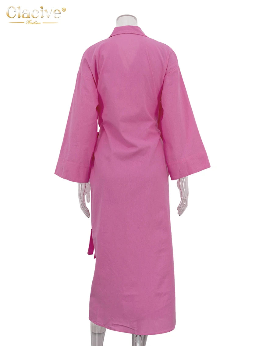 Clacive Casual Loose Pink Cotton Dress Ladies Fashion Lapel Long Sleeve Ankle Length Dress Elegant Lace-Up Dresses For Women
