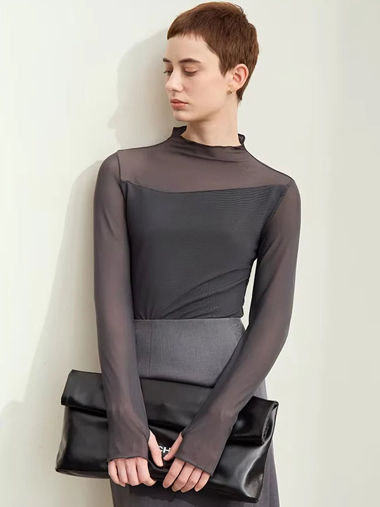 Amii Minimalism Mesh T-shirts For Women 2026 Autumn New Office Lady Half-high Neck Micro Perspective Slim Retro Shirt 12423055