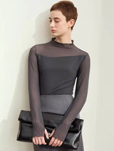 Amii Minimalism Mesh T-shirts For Women 2026 Autumn New Office Lady Half-high Neck Micro Perspective Slim Retro Shirt 12423055