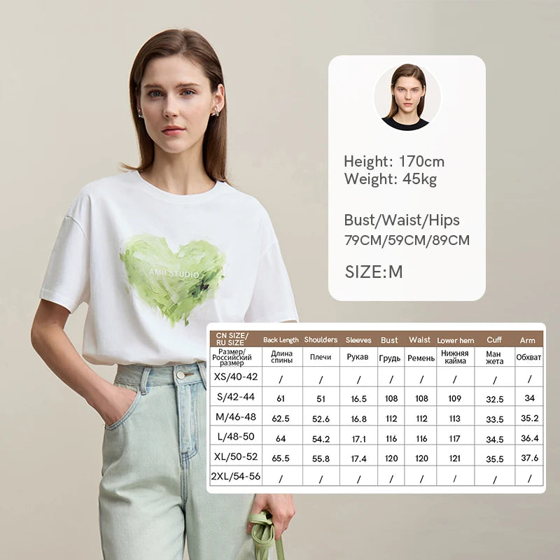 Amii Woman T-shirts 2026 Summer Anti-Bacterial Loose Fit Round Neck Tee Heart Print Cotton Casual Knit Short Sleeve Top 12622026
