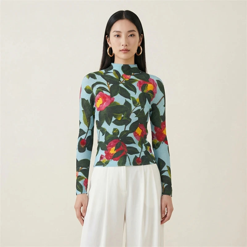 LANMREM Flower Printting Pleated Women's T-shirt High Elastic Slimming Design Stand Collar Long Sleeve Pullover Tops 2DB6574