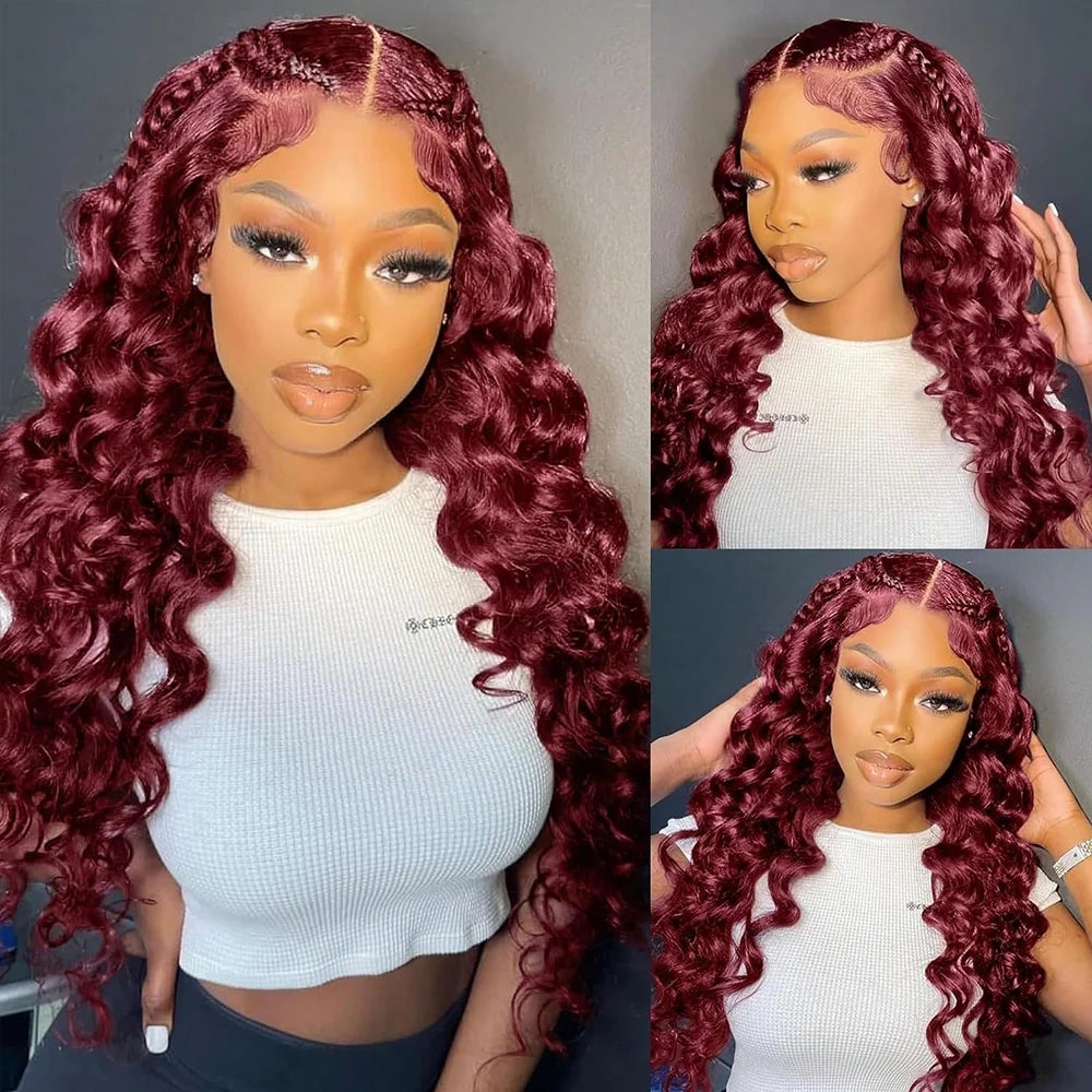 250% 13x4 HD Transparent 99J Burgundy Loose Wave Lace Front Wigs Deep