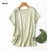 Benefits! Flowing Gem Series Basic Style Versatile Round Neck 100% Mulberry Silk Short Sleeve Silk Satin T-Shirt Top