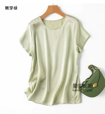Benefits! Flowing Gem Series Basic Style Versatile Round Neck 100% Mulberry Silk Short Sleeve Silk Satin T-Shirt Top