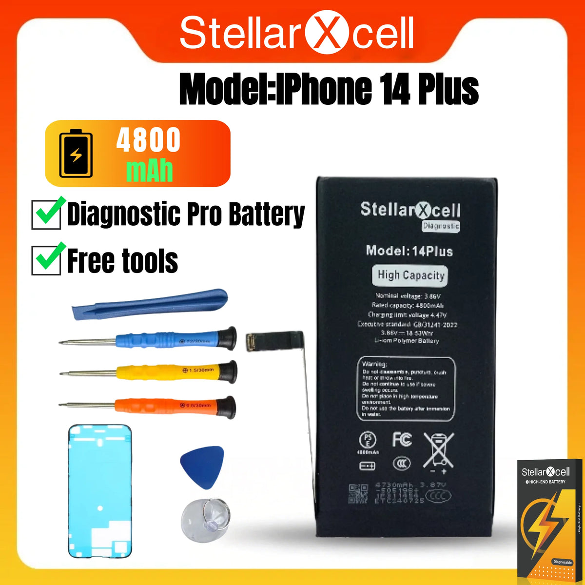 StellarXcell Diagnostic Battery No Pop Up Message Run Diagnose for iPhone 14 Plus 15 Pro 12 Pro Max 13 Mini Battery Replacement
