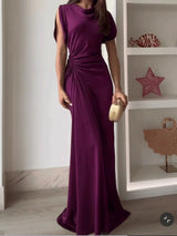 Casual O-neck Draped Gowns Dress Elegant Hight Waist Slim Fit Evening Dress Vestidos Women Fashion Temperament Solid Long Dress