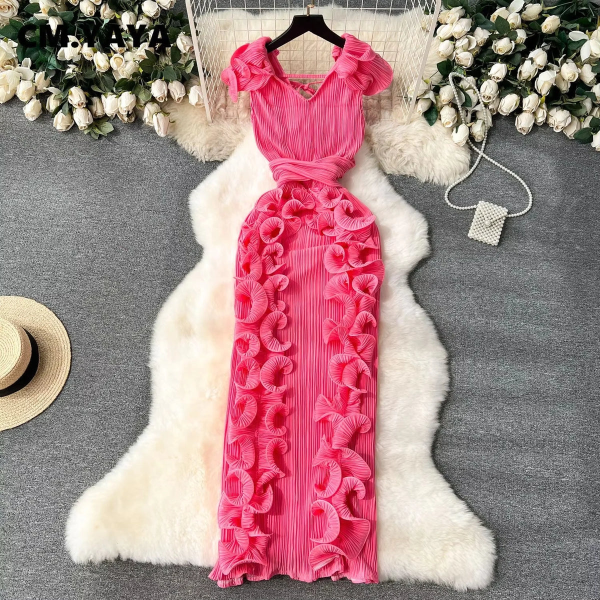 CM.YAYA Women Ruffles Splicing V-neck Sleeveless Bodycon Midi Pleated Maxi Long Dress 2025 Birthday Sexy Club Party Even Dresses