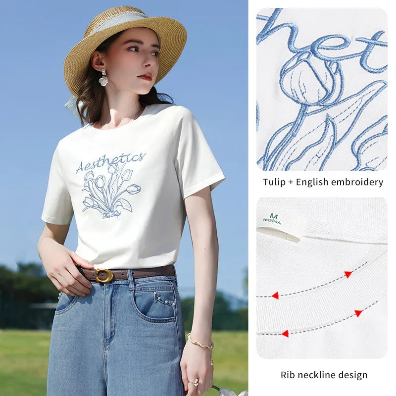 I BELIEVE YOU Round Neck Short Sleeve Women's T-Shirt 2026 New Tulip Letter Embroidery Tops Retro Artistic Tees 2261016223