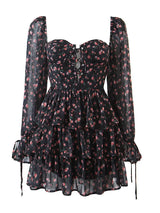 E 2022 Fashion Women Vintage Floral Print Chiffon Dress Sexy Semi-Sheer Long Sleeve Layered Ruffle Ladies Short Dress