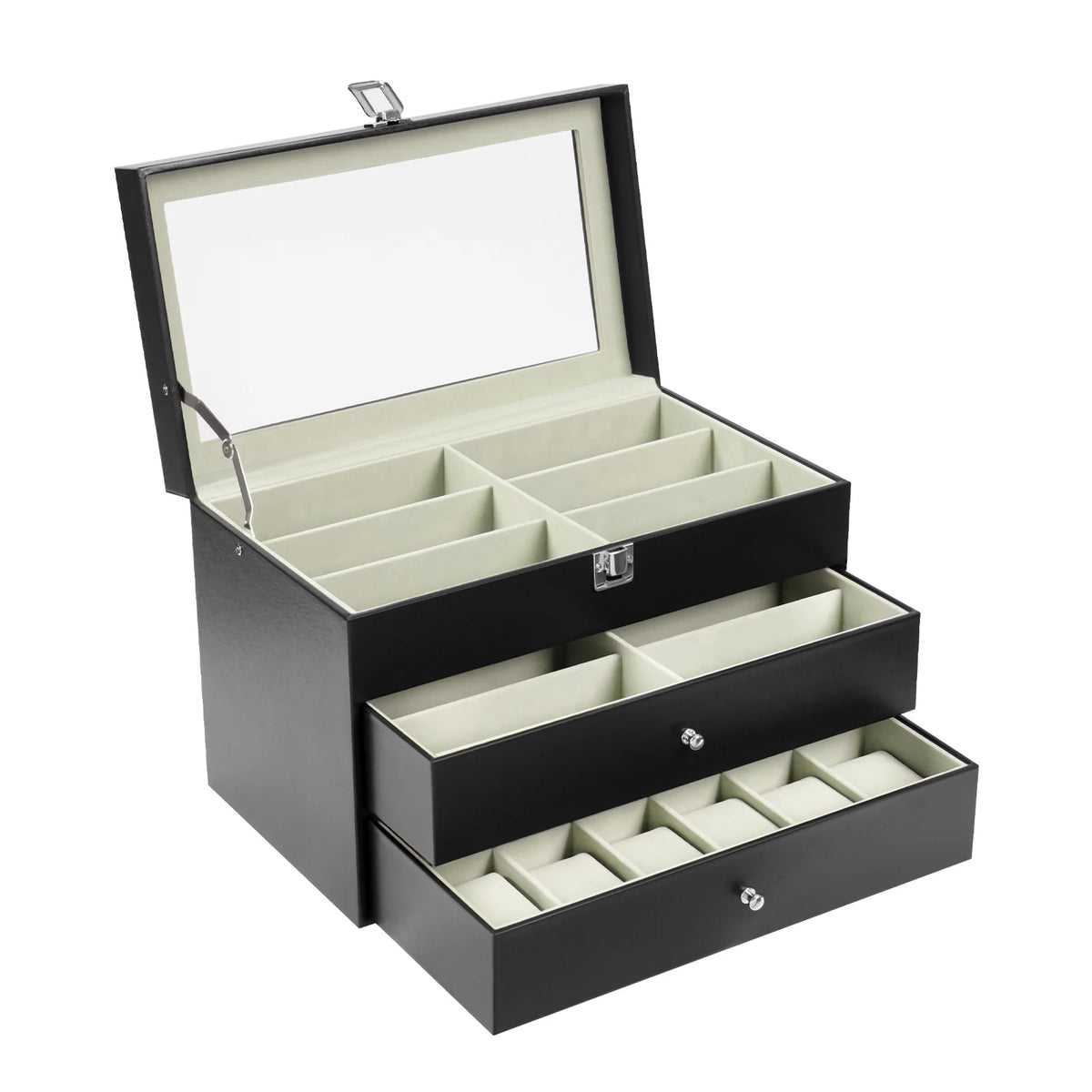 12 Compartment Watches & Glasses Display Box, Watch Box Organizer Storage Case with Large Glass Lid