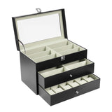 12 Compartment Watches & Glasses Display Box, Watch Box Organizer Storage Case with Large Glass Lid