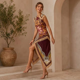 Vintage Bohemian Scarf Print Midi Dress Women Elegant Floral Sleeveless Wrap Dress Summer Asymmetrical Handkerchief Hem Fringe
