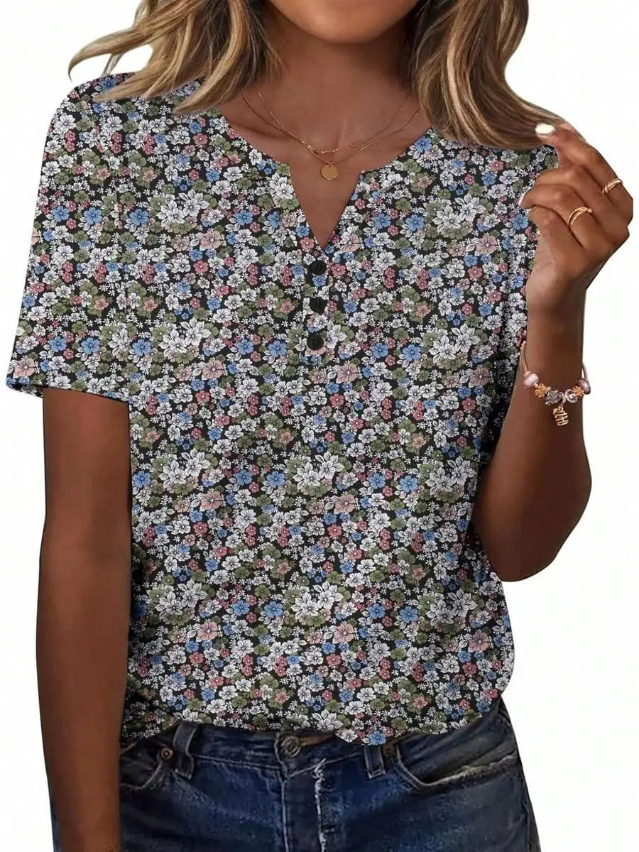 Womens Casual Short Sleeve V-Neck Floral Print Top