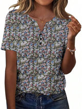 Womens Casual Short Sleeve V-Neck Floral Print Top