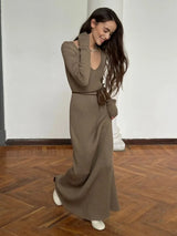 Blubelle Women's New Solid Color Long Sleeve V-neck Slim Bodycon Knitted Maxi Dress Trendy Elegant Fashion Dresses