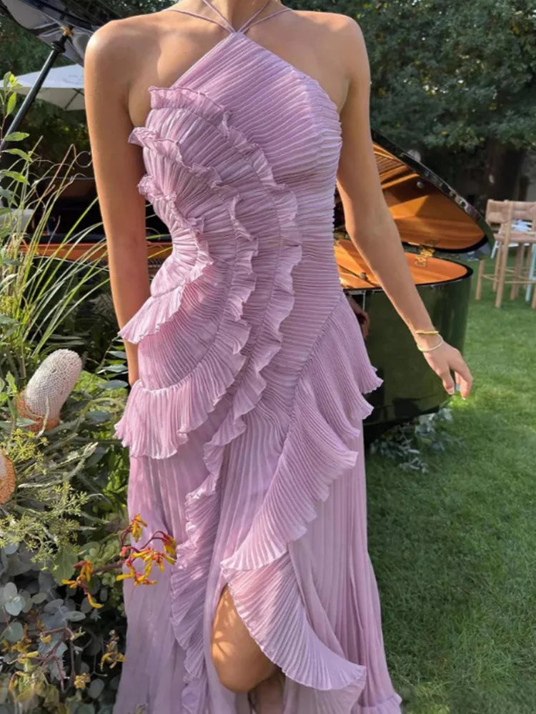 QMQA Fashion Women's Ruched Halter Strapless Backless Dresses Folds Irregular Spliced Ruffles Solid Elegant Dress 2026 New M1032