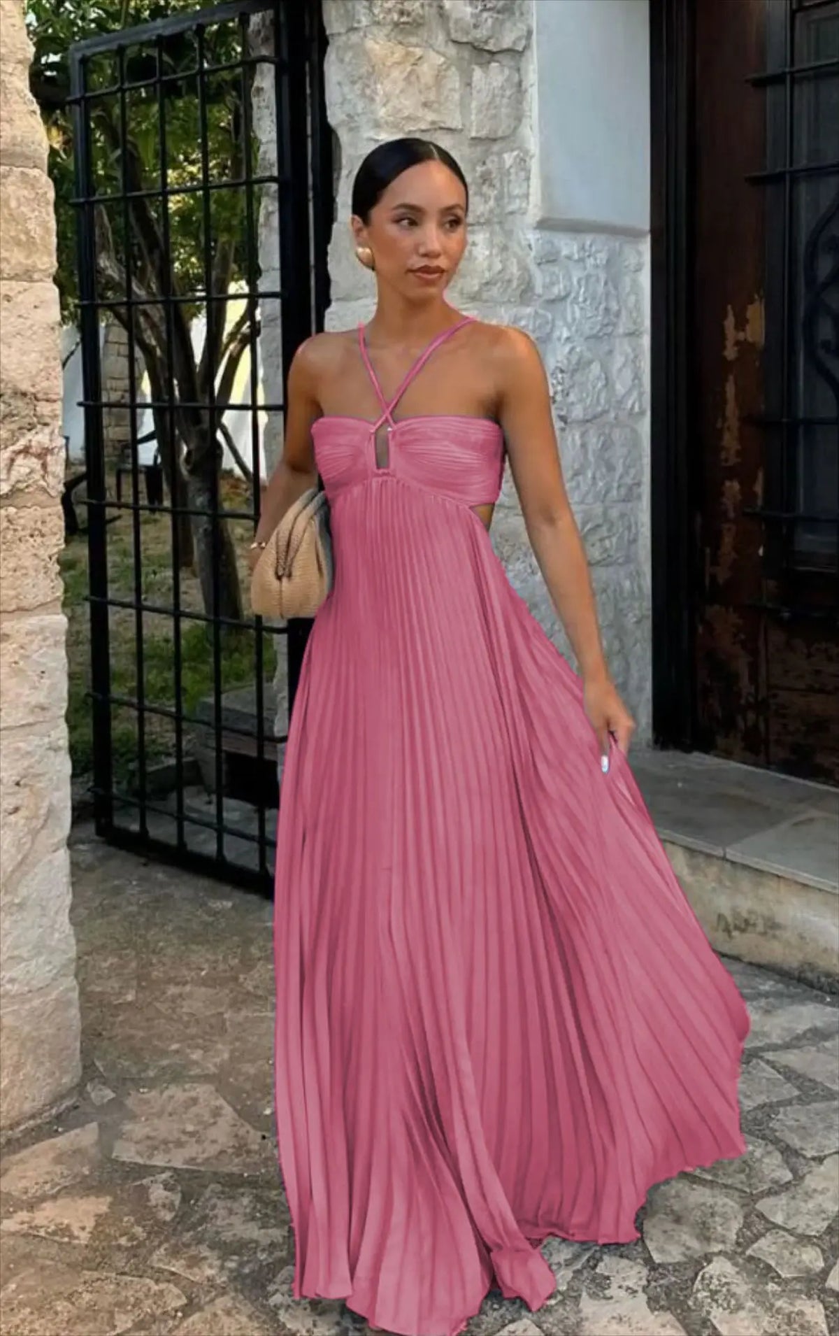 Blue Pleated Halter Long Dress Women's Solid Sleeveless Backless Lace-up Maxi Dress Summer Beach Vacation Evening Party Vestidos