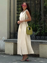 Bornladies 2026 Spring Summer New Women's Sleeveless Shirt Dress Elegant Casual Collared Tie-Waist Fitted Maxi Dress