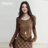 MISHOW Women's Solid Long‑Sleeve T‑Shirt 2026 Autumn U‑Neck Soft Knit Tees Waist‑Ruched Basic Versatile Casual Tops MXF41T3155
