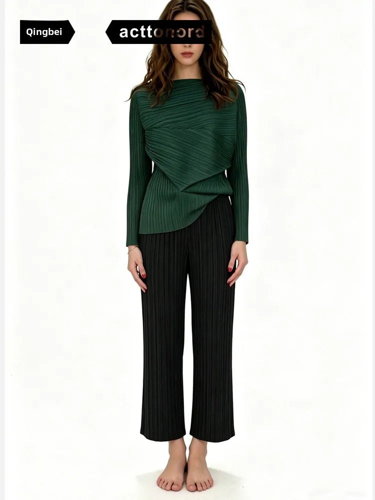 Long Sve T-irt Women's Casual Loose Fit Folded Design Outerwear Luxury Versatile Asymmetrical JK482 Polyester Fiber