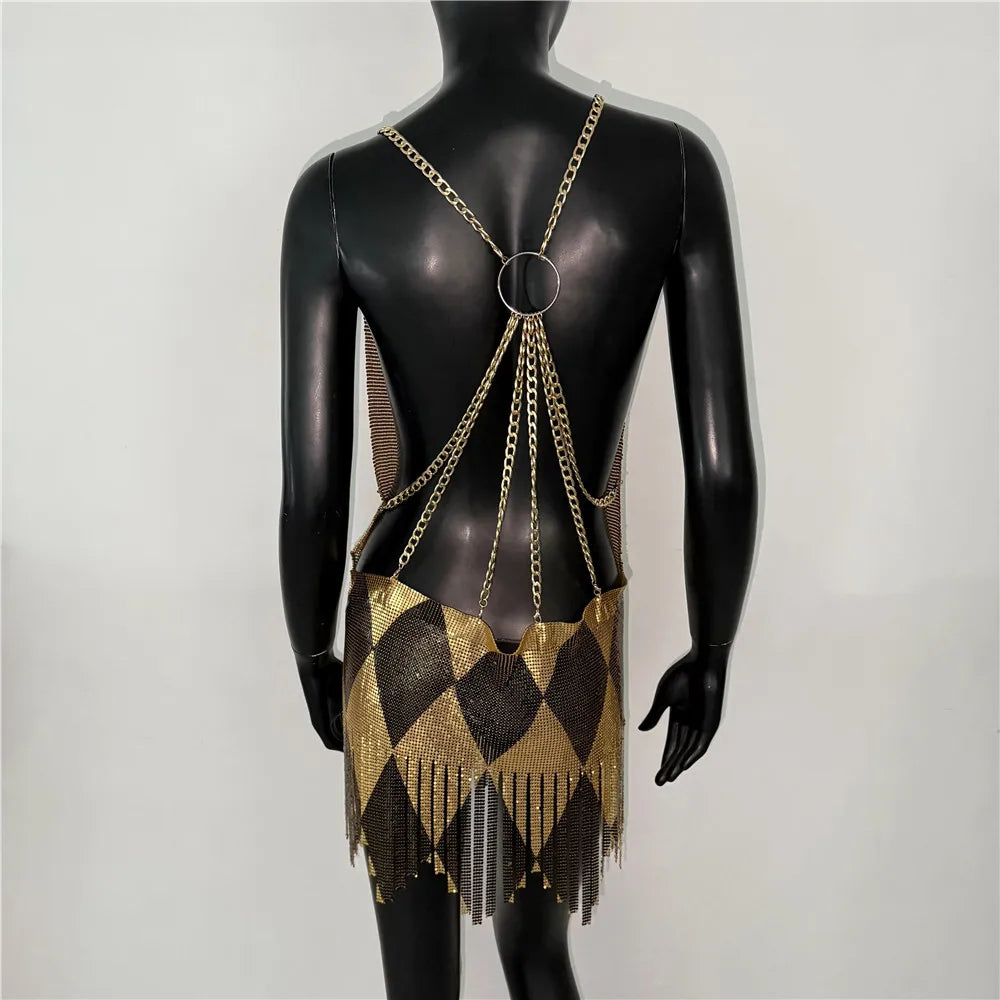 Halloween Women Metal Sequins Dress Sexy Backless Tassel V Neck Sleeveless Mini Dress Rave Festival Party Evening Dresses