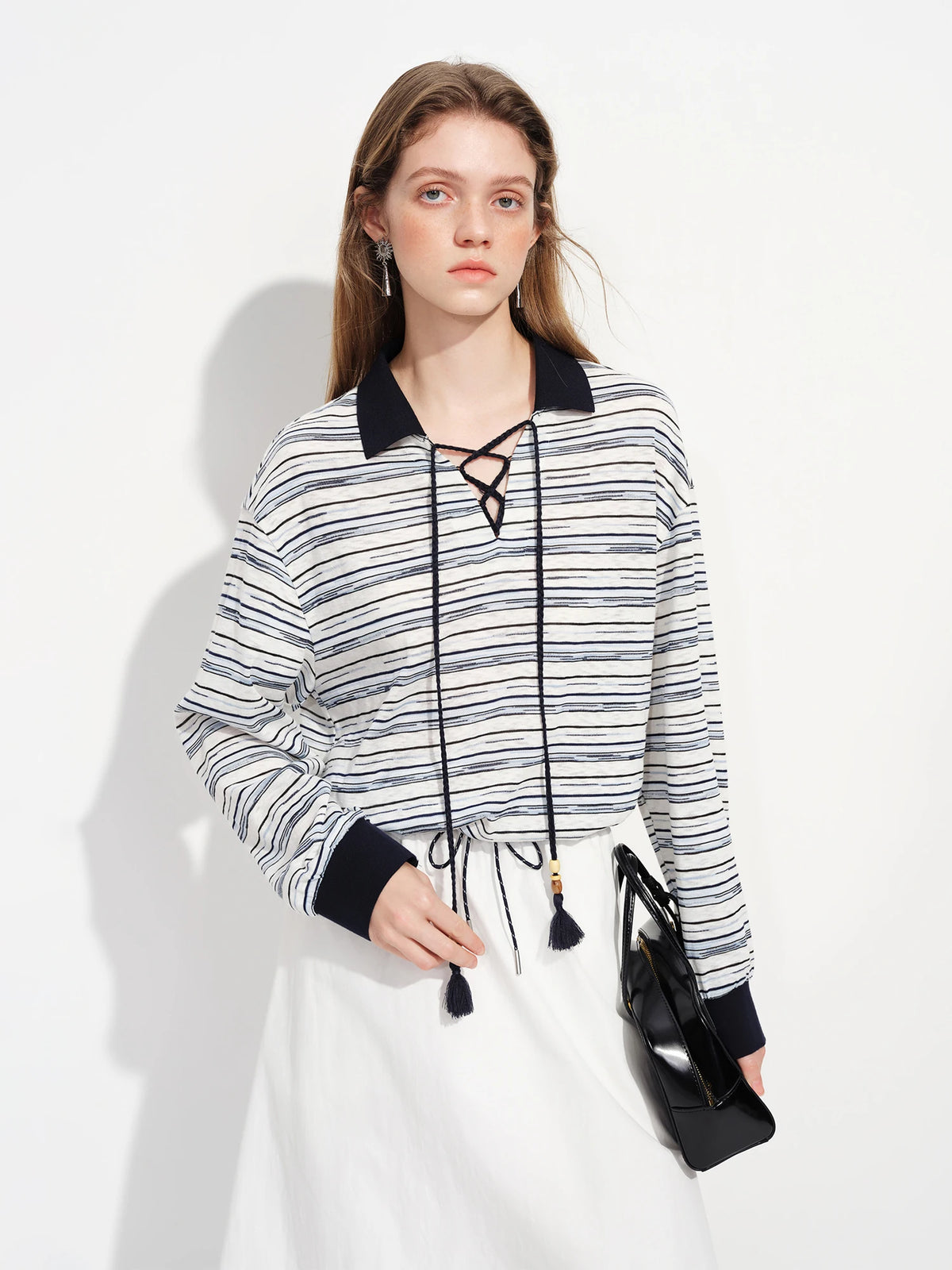 FSLE Women's Color Block Striped Long-Sleeve T-Shirt with Lapel Collar, Spring 2026 New Style Loose American Retro Top