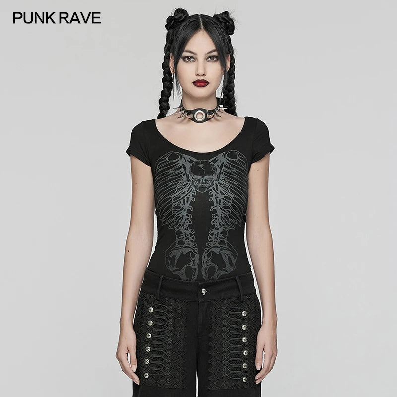 PUNK RAVE Punk Girls Club Hollow-out Summer Black Slim Skull Print T-Shirt Gothic Popular Visual Kei Sexy Cotton Tees Top