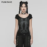 PUNK RAVE Punk Girls Club Hollow-out Summer Black Slim Skull Print T-Shirt Gothic Popular Visual Kei Sexy Cotton Tees Top