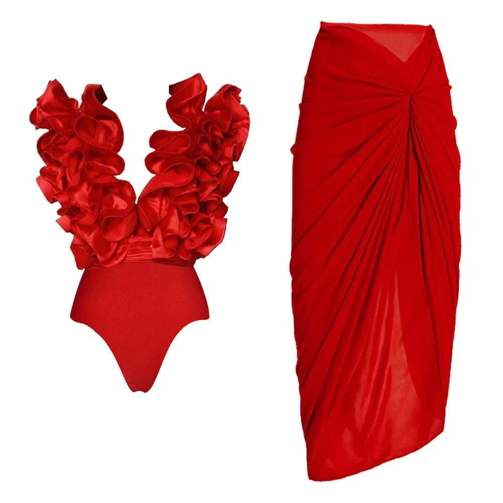MUOLUX 2024 Sexy Red One Piece Shoulder Swimsuit 3D Flower Print Vintage Monokini Bodysuit Women's Beach Bathing Suit with Skirt