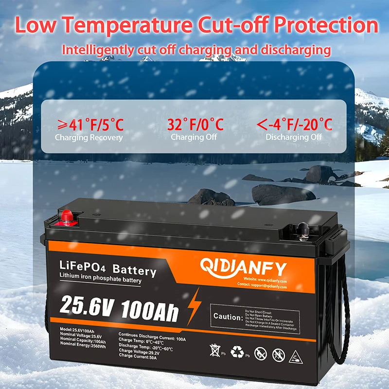 Qidianfy 24V 100Ah LiFePO4 Battery Built-in 100A BMS 2560Wh Deep Cycles Rechargeable Lithium Battery for RV Camping Home Backup Power Solar Off-Grid