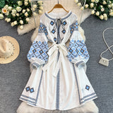 Retro Embroidered Belted round Neck Dress Women's Loose A-Line Midi Skirt Spring Summer Fashion City Commute Casual Dress
