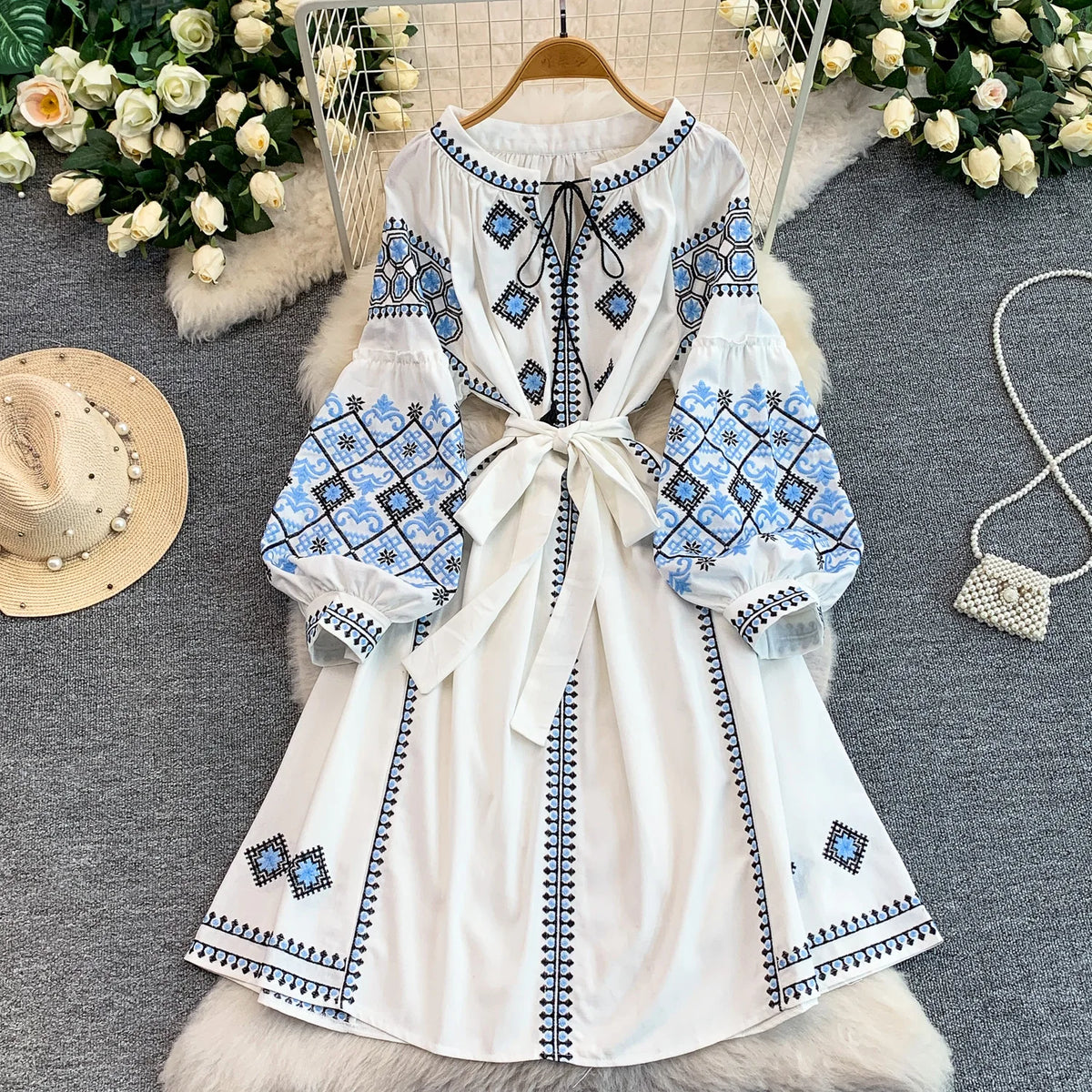 Retro Embroidered Belted round Neck Dress Women's Loose A-Line Midi Skirt Spring Summer Fashion City Commute Casual Dress