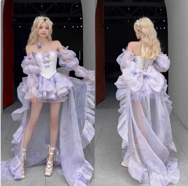 High Street Women's Mint Green Strapless Bowknot Sweet Fairy Organza Dress 2024 New Elegant Big Bow Trailing Party Wedding Dress