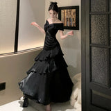 Elegant Evening Party Ruffles Mermaid Dresses Women Summer V Neck Short Sleeve Slim Black Dress Holiday Beach Birthday Dress