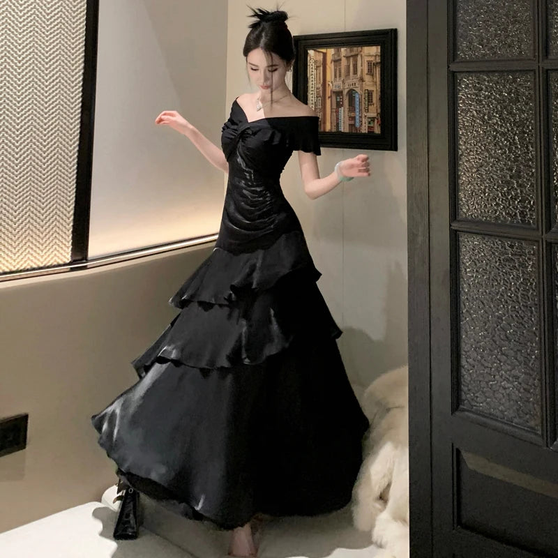 Elegant Evening Party Ruffles Mermaid Dresses Women Summer V Neck Short Sleeve Slim Black Dress Holiday Beach Birthday Dress