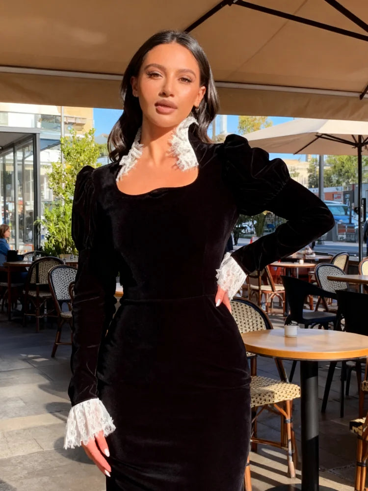 Lace Patchwork Velvet Long Dress Women Black Full Sleeves Waist Cinching Slim Maxi Dresses 2026 Lady Evening Party Vestidos New