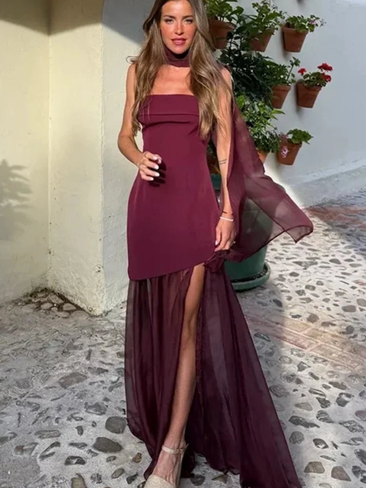 Boho Chic Elegant Mesh Patchwork Sling Dress Sexy Loose Sleeveless Split Scarf Long Dress Female 2026 New Party Evening Dresses