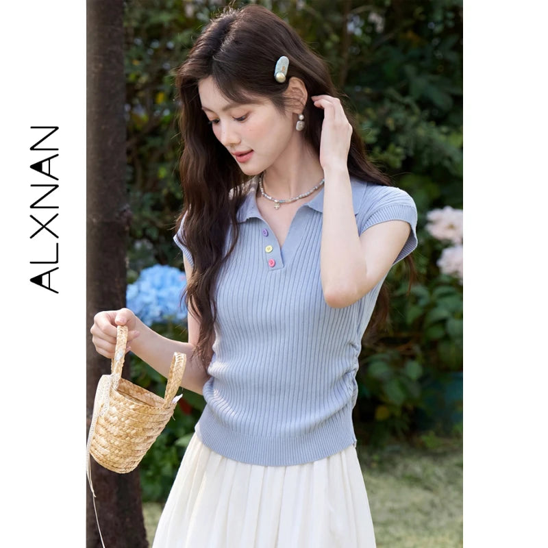 ALXNAN Women's T-shirt Lapel Elegant Casual Knitted Short Sleeve T-shirts 2026 Summer Loose-fit Waist Ruched Tops Female L56365