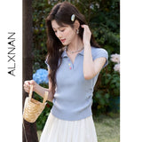 ALXNAN Women's T-shirt Lapel Elegant Casual Knitted Short Sleeve T-shirts 2026 Summer Loose-fit Waist Ruched Tops Female L56365