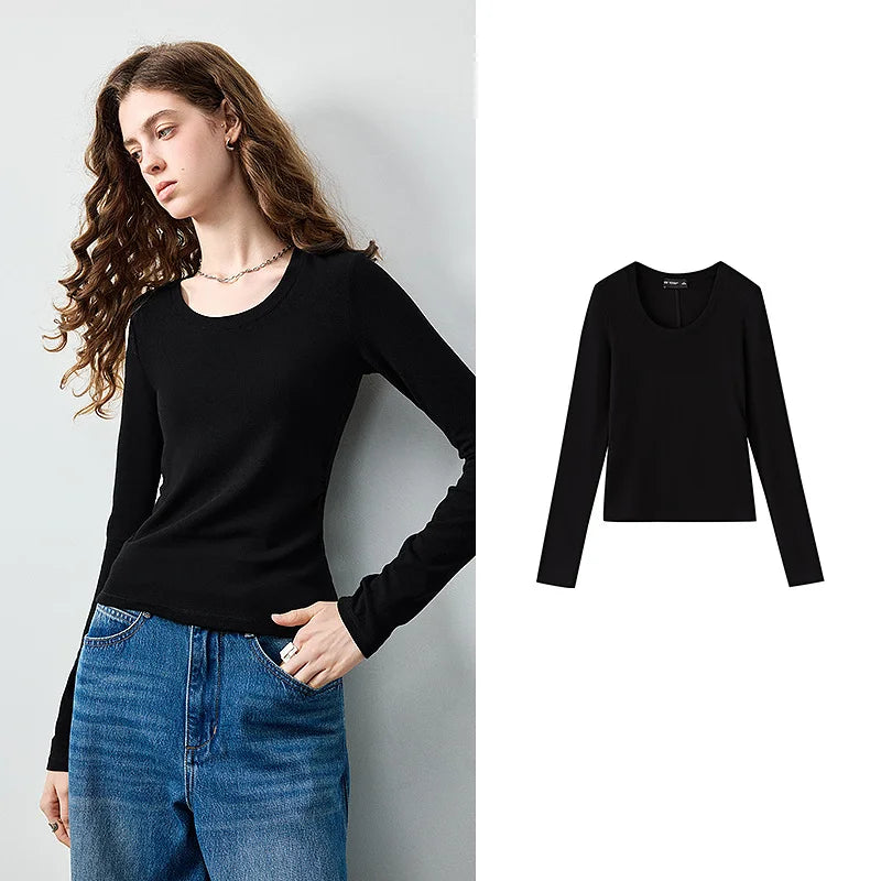 TOYOUTH Women's Wool Blend U Neck Waist Fitted T Shirt 2026 Fall New Arrival Mochi Soft Intellectual Chic Base Layering Top