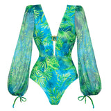 Flaxmaker Women Sexy Deep V Neck Long-sleeved Jungle Green Print One Piece Swimsuit And Skirt Summer Bathing Suit Monokini