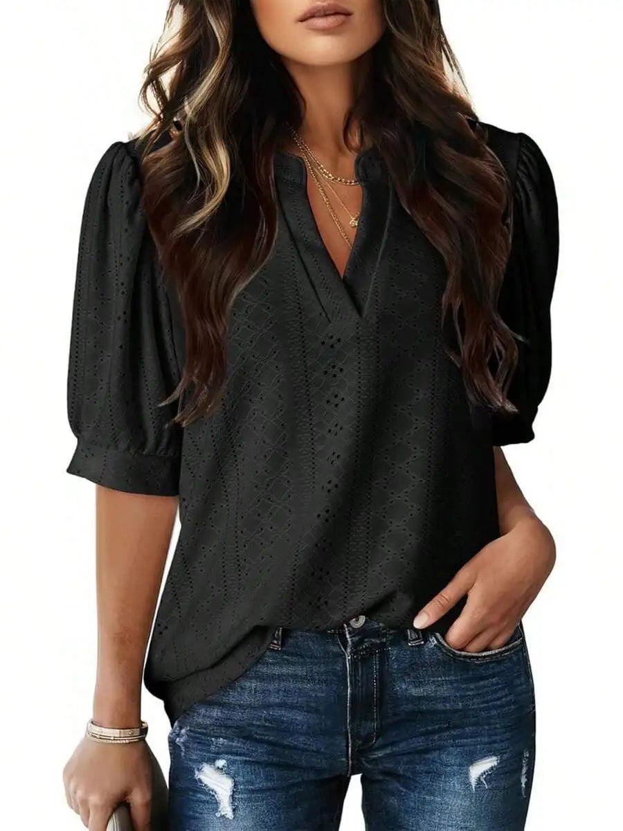Womens Summer Casual V-Neck Short Sleeve Hollow Out Top